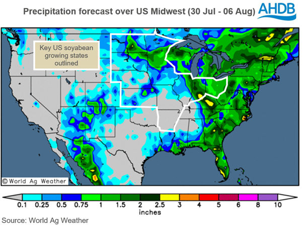 Map showing precipitation forecast over US Midwest with key US soyabeans growing states outlined. 